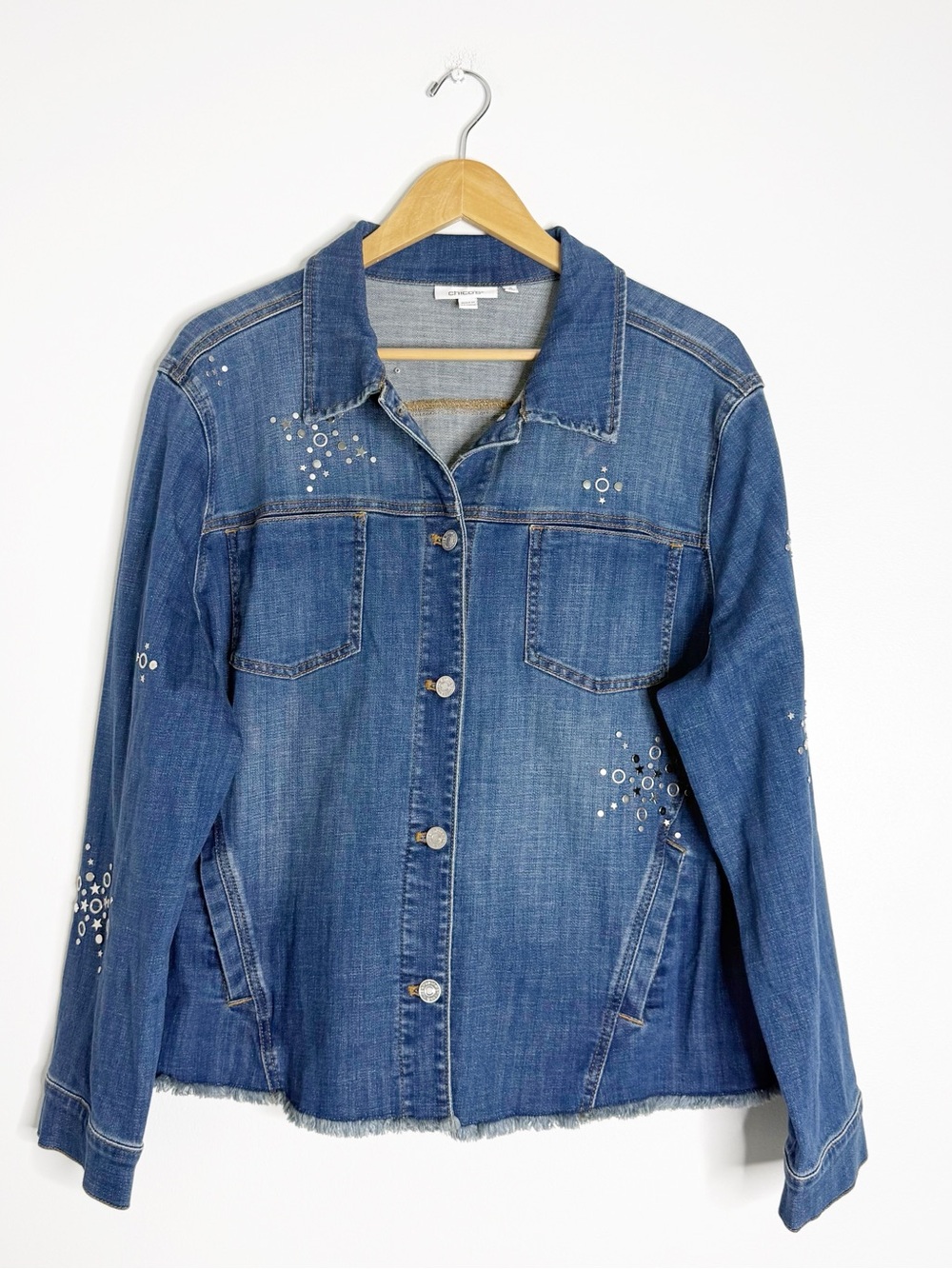 Chico’s Embellished Denim Jacket Size 4 XXL Blue Jean Jacket Studded Stars